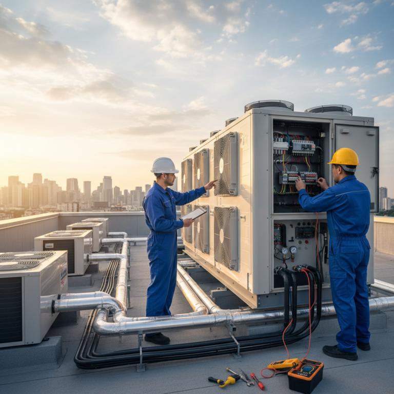 Commercial AC maintenance Perth technicians servicing a rooftop VRF system